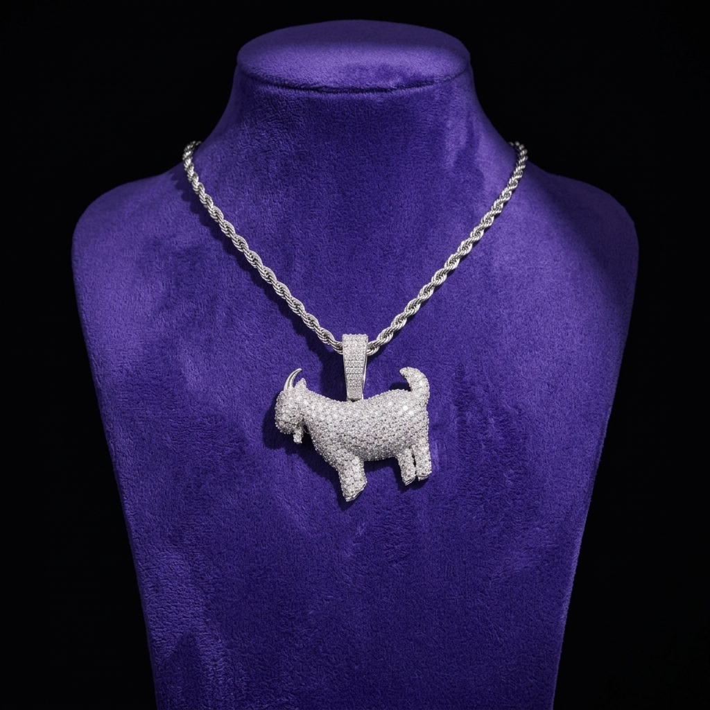 Moissanite Goat Pendant necklace on royal purple velvet — Showtime Gems