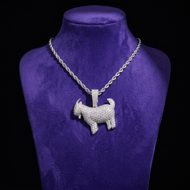 Moissanite Goat Pendant necklace on royal purple velvet — Showtime Gems