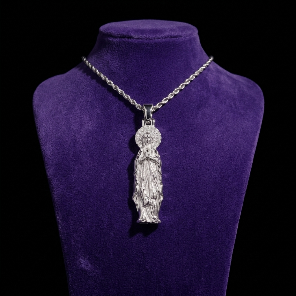 Moissanite Virgin Mary Pendant necklace on royal purple velvet — Showtime Gems