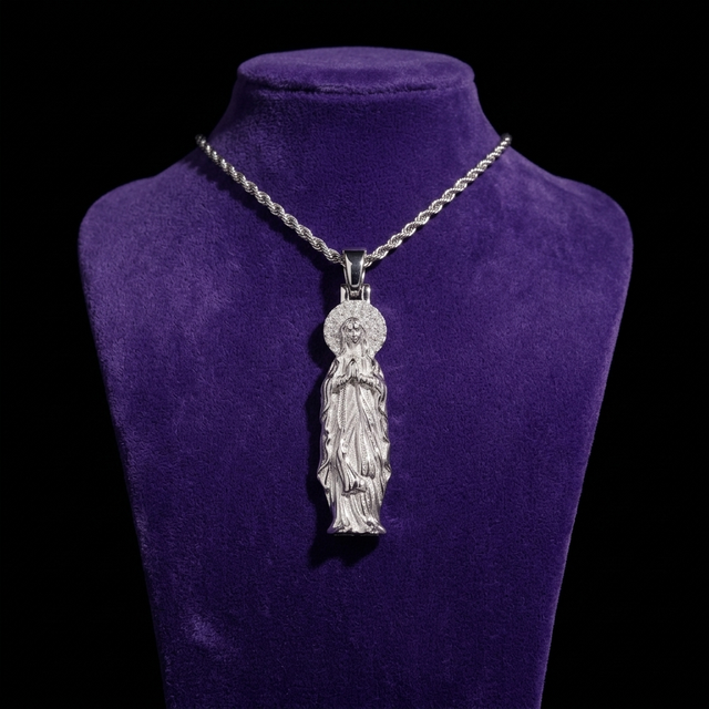 Moissanite Virgin Mary Pendant necklace on royal purple velvet — Showtime Gems