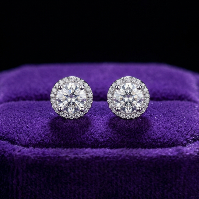 Moissanite Halo Stud Earrings earrings on royal purple velvet — Showtime Gems