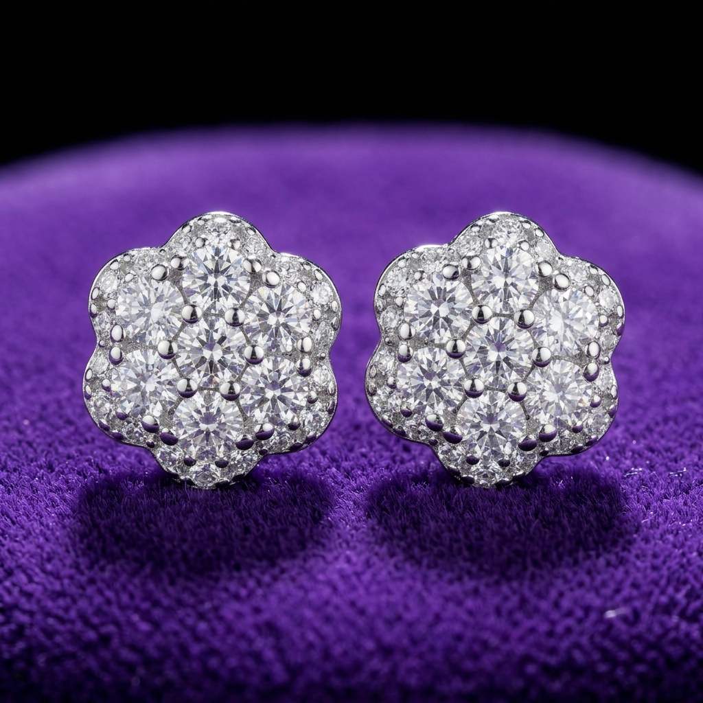 Moissanite Flower Cluster Stud Earrings earrings on royal purple velvet — Showtime Gems