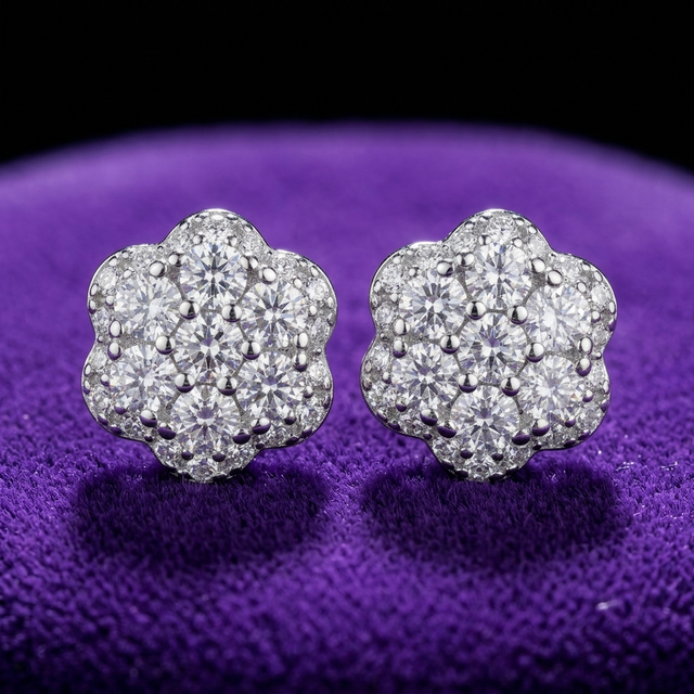 Moissanite Flower Cluster Stud Earrings earrings on royal purple velvet — Showtime Gems