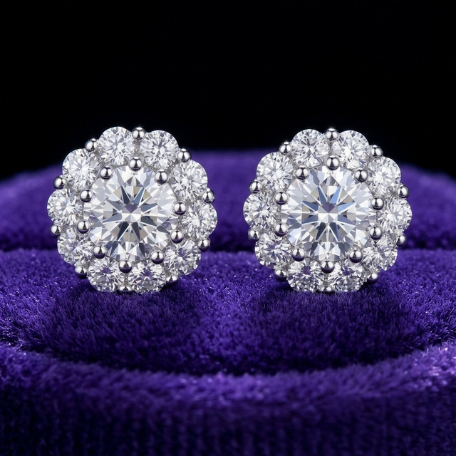 Moissanite Cluster Stud Earrings earrings on royal purple velvet — Showtime Gems
