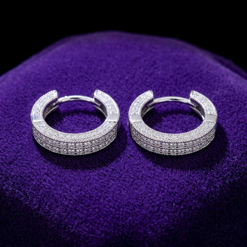 Moissanite Hoop Earrings earrings on royal purple velvet — Showtime Gems