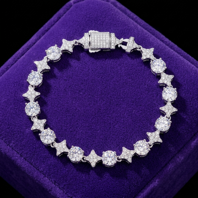 Moissanite Star Link Bracelet bracelet on royal purple velvet — Showtime Gems