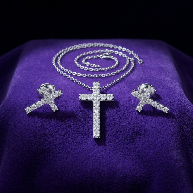 Moissanite Cross Set set on royal purple velvet — Showtime Gems
