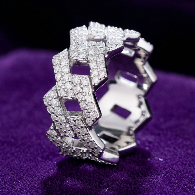 Moissanite Cuban Link Ring ring on royal purple velvet — Showtime Gems