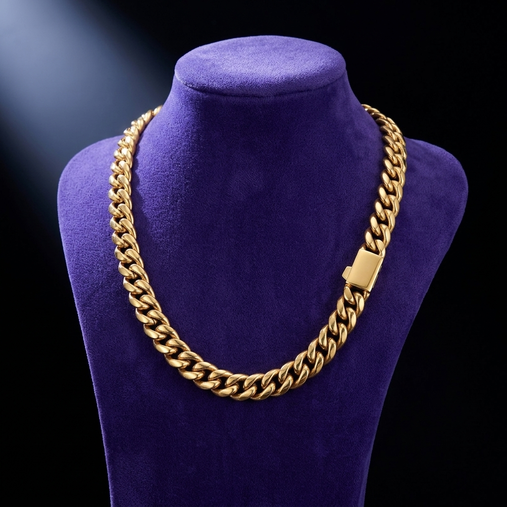 Cuban Link Chain 6-12mm box clasp, 18K gold-plated, on royal purple velvet — Showtime Gems