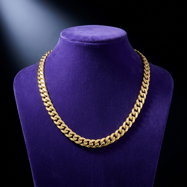 Monaco Cuban link chain 6-14mm, 14K bonded gold PVD, on royal purple velvet — Showtime Gems