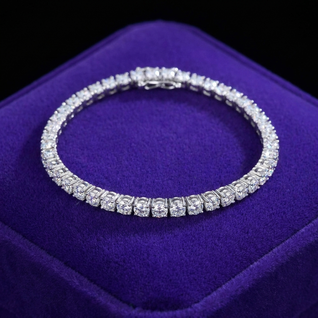 Moissanite tennis bracelet 2mm D-VVS1 in 925 sterling silver on royal purple velvet - Showtime Gems