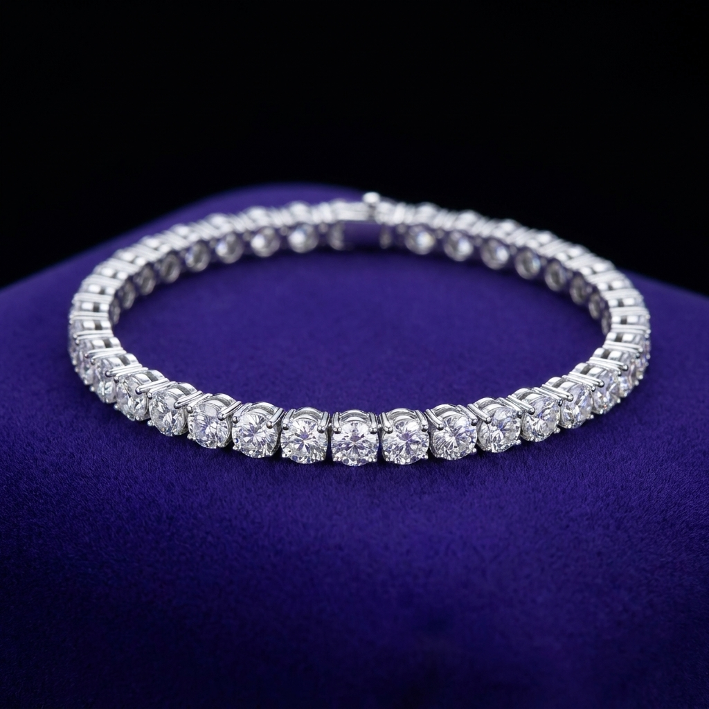 Moissanite tennis bracelet 3mm D-VVS1 in 925 sterling silver on royal purple velvet - Showtime Gems