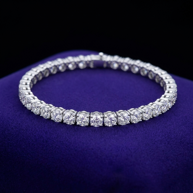 Moissanite tennis bracelet 3mm D-VVS1 in 925 sterling silver on royal purple velvet - Showtime Gems