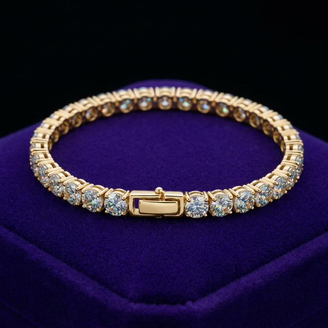 Moissanite tennis bracelet 3mm 18K gold-plated 925 sterling silver, box clasp, subtle fire, on royal purple velvet - Showtime Gems