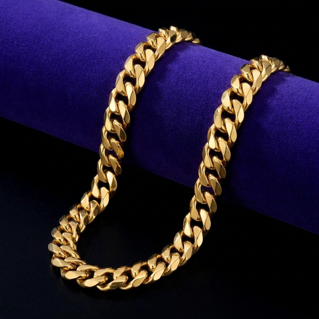 Curb Cuban chain necklace 18K gold-plated non-tarnish steel on royal purple velvet - Showtime Gems