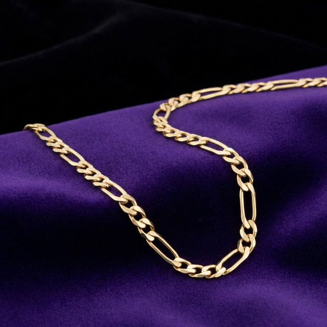 Figaro chain necklace 14K gold-plated non-tarnish steel on royal purple velvet - Showtime Gems