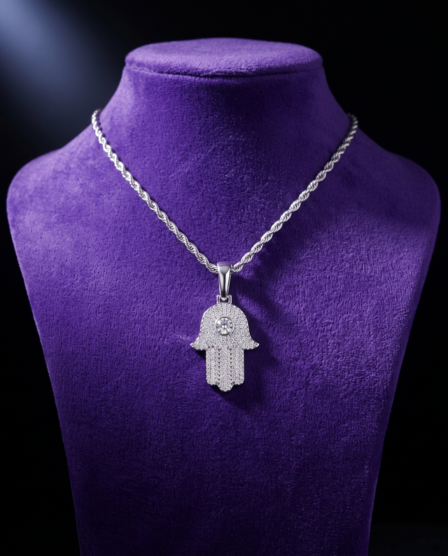Iced Hamsa Hand Pendant necklace on royal purple velvet — Showtime Gems