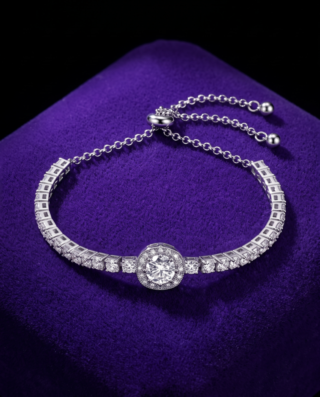 Moissanite Tennis Bracelet bracelet on royal purple velvet — Showtime Gems