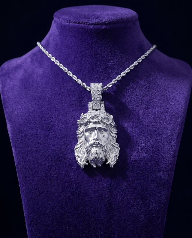 Iced Jesus Piece Pendant necklace on royal purple velvet — Showtime Gems
