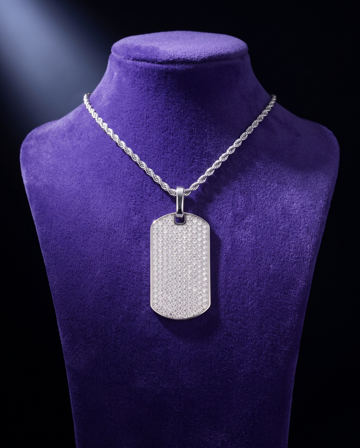 Iced Dog-Tag Pendant necklace on royal purple velvet — Showtime Gems