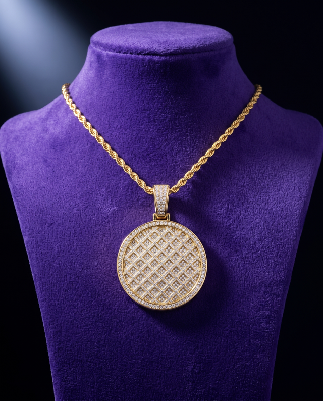 Iced Medallion Pendant necklace on royal purple velvet — Showtime Gems