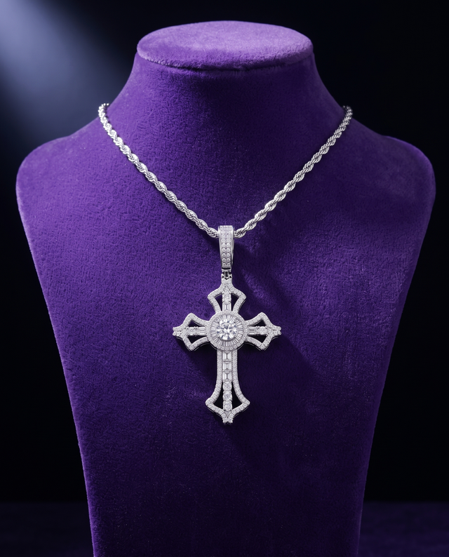 Large Iced Cross Pendant necklace on royal purple velvet — Showtime Gems