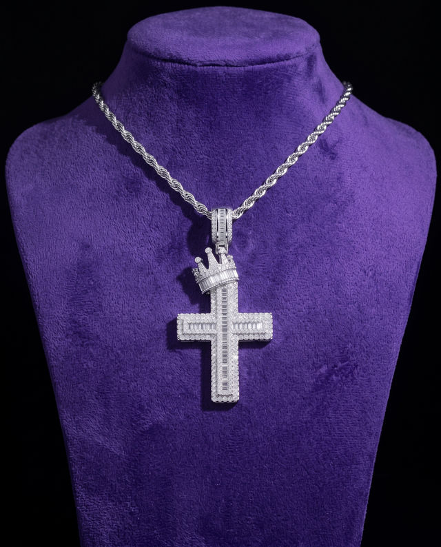 Iced Crown Cross Pendant necklace on royal purple velvet — Showtime Gems