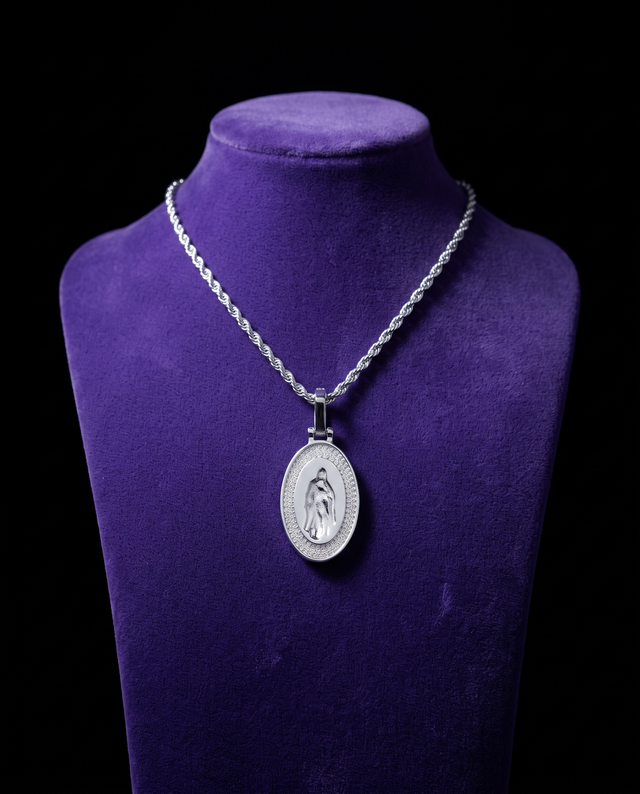 Iced Santa Muerte Pendant necklace on royal purple velvet — Showtime Gems