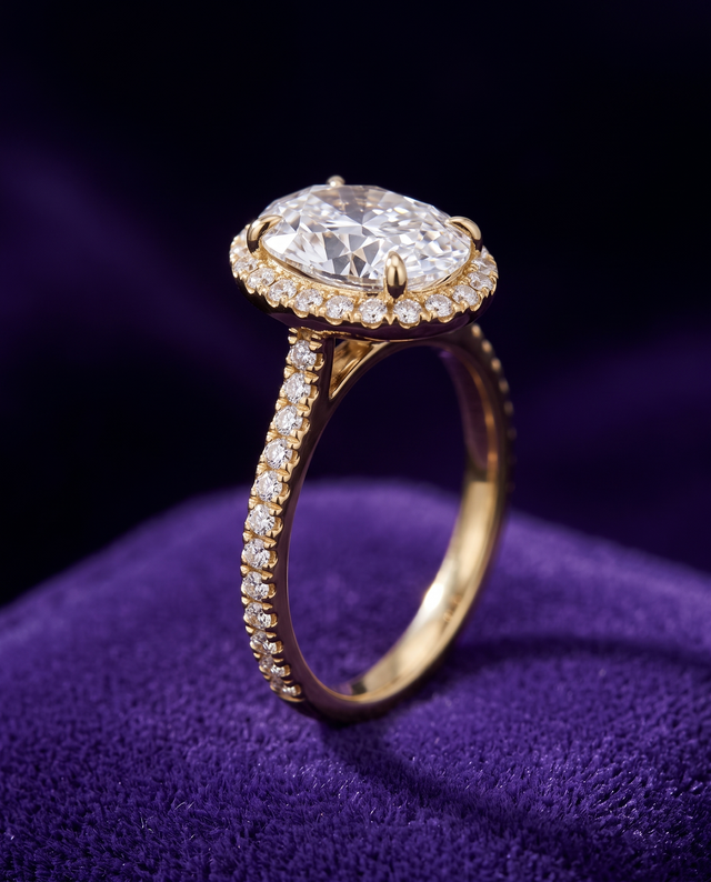 Oval-Cut Moissanite Engagement Ring ring on royal purple velvet — Showtime Gems