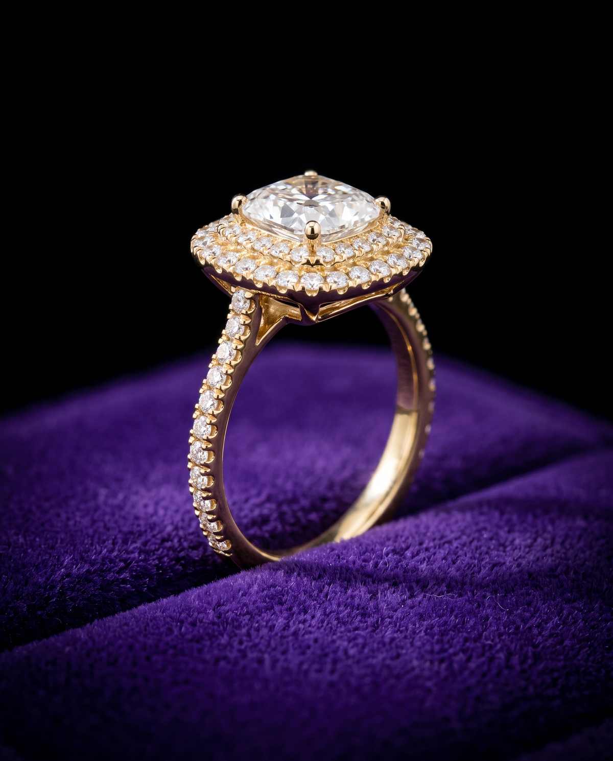 Radiant-Cut Moissanite Engagement Ring ring on royal purple velvet — Showtime Gems