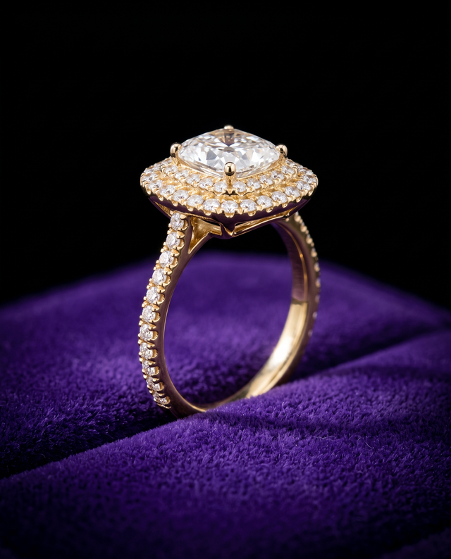 Radiant-Cut Moissanite Engagement Ring ring on royal purple velvet — Showtime Gems