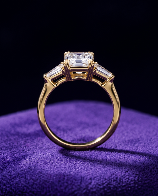 Three-Stone Moissanite Engagement Ring ring on royal purple velvet — Showtime Gems