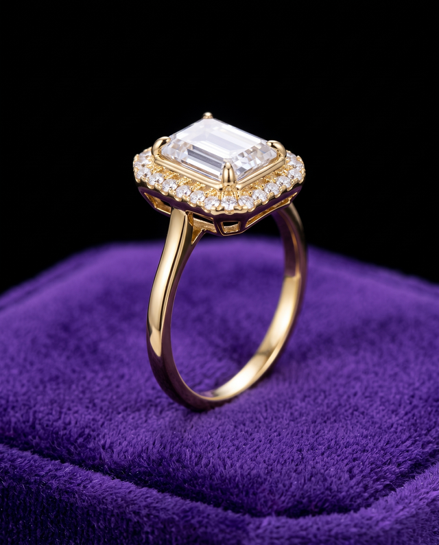 Emerald-Cut Moissanite Bridal Ring ring on royal purple velvet — Showtime Gems
