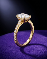 Radiant Crushed-Ice Moissanite Ring ring on royal purple velvet — Showtime Gems
