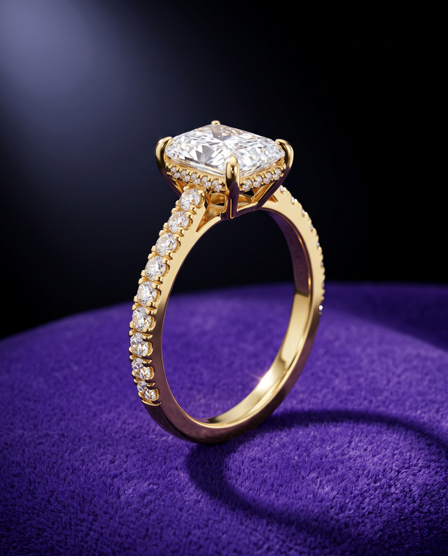 Radiant Crushed-Ice Moissanite Ring ring on royal purple velvet — Showtime Gems