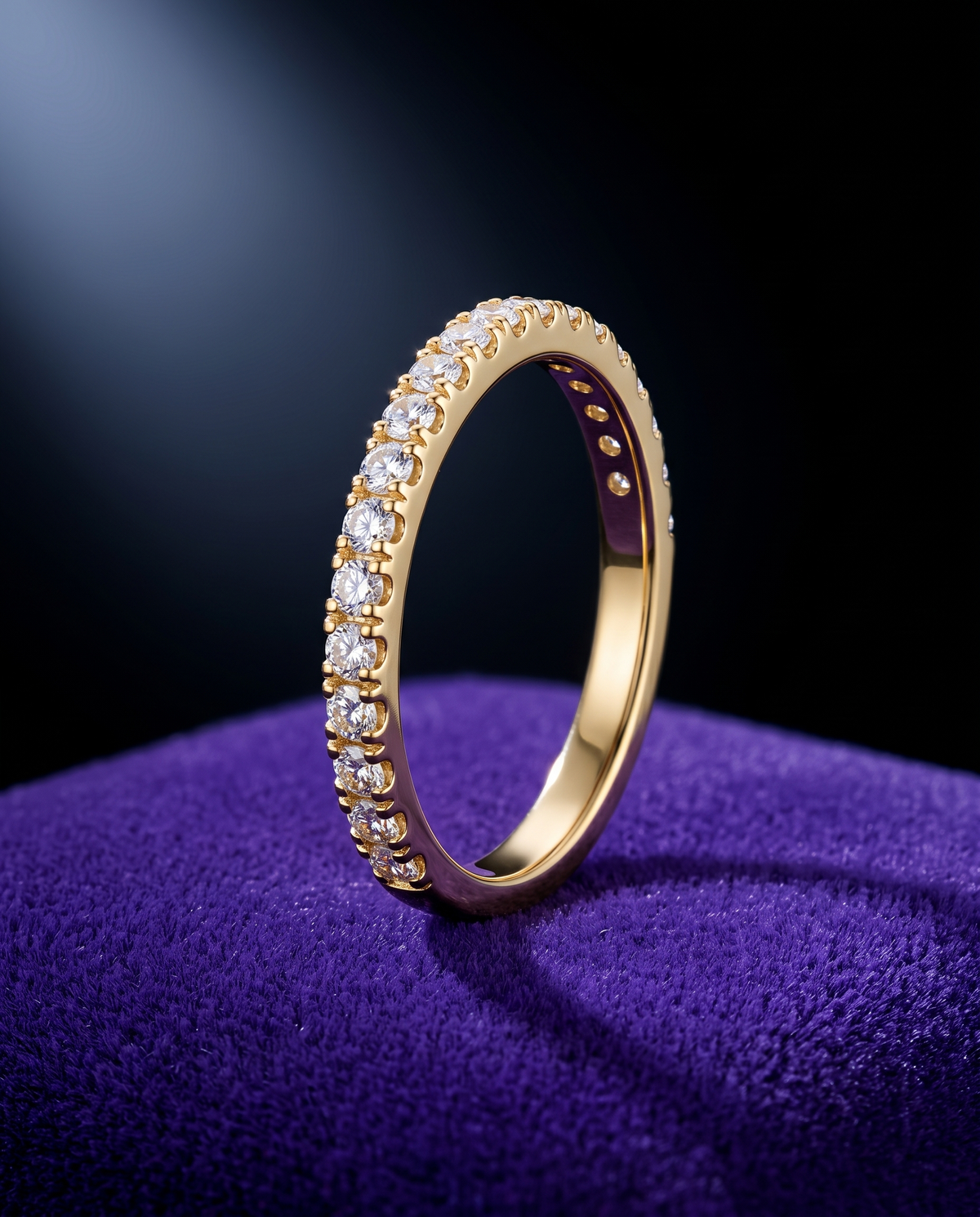 Half-Eternity Moissanite Band ring on royal purple velvet — Showtime Gems