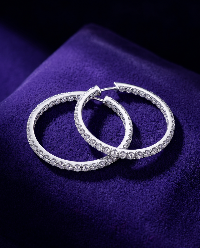 Moissanite Hoop & Huggie Earrings earrings on royal purple velvet — Showtime Gems