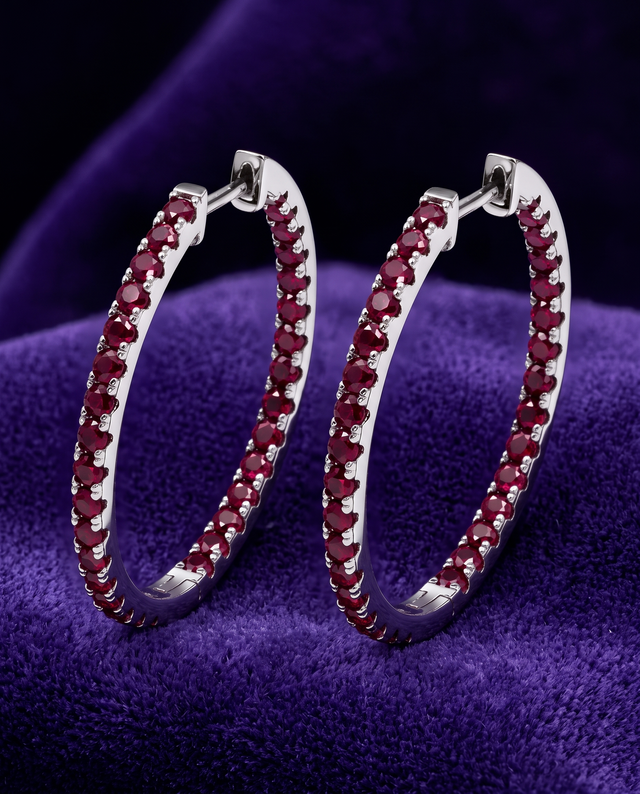 Ruby & Moissanite Huggie Earrings earrings on royal purple velvet — Showtime Gems