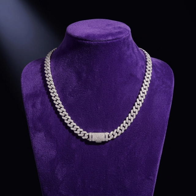 Moissanite Cuban link necklace 6mm D-VVS1 rhodium-plated 925 sterling silver on royal purple velvet