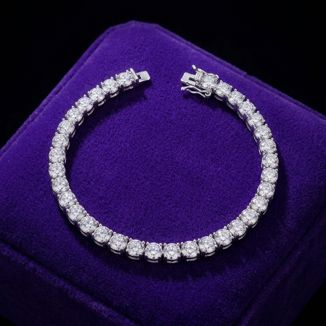 Moissanite Tennis Bracelet 4mm D-VVS1 rhodium-plated 925 sterling silver on royal purple velvet